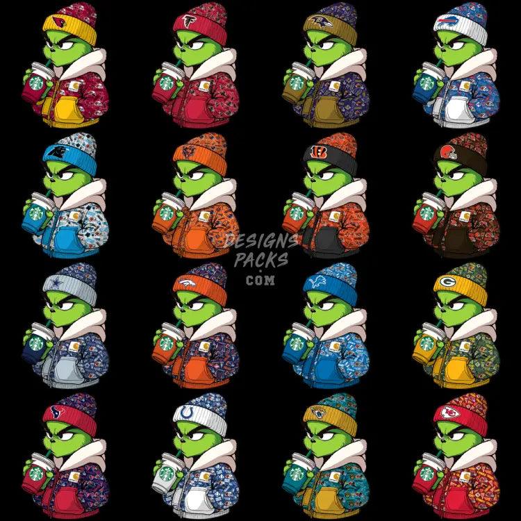 32 Grinch With Drink Football Teams Designs Bundle Png