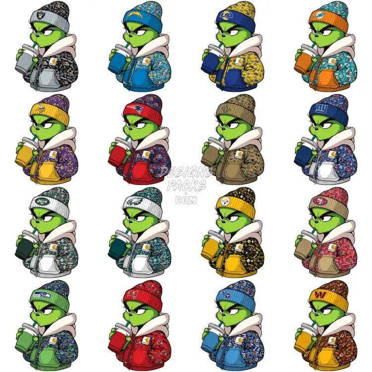 32 Grinch With Drink Football Teams Designs Bundle Png