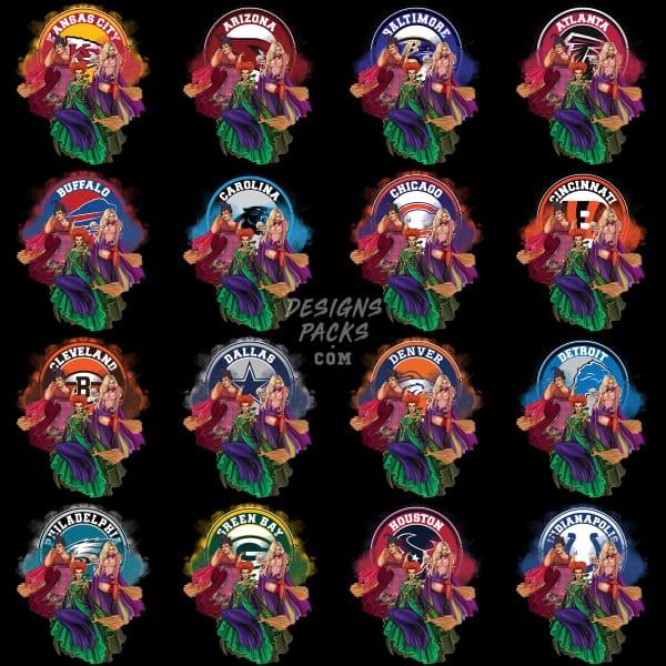 32 Halloween Hocus Witch Football Teams Designs Bundle Png