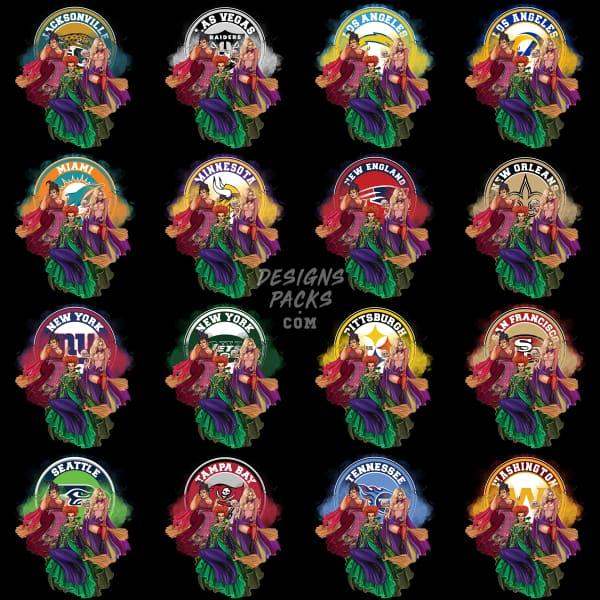 32 Halloween Hocus Witch Football Teams Designs Bundle Png