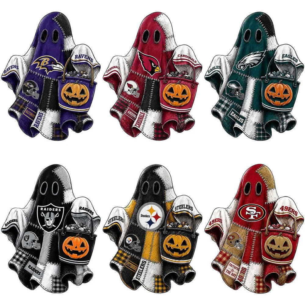 32 Halloween Patchwork Football Teams Ghost Pumpkin Designs Bundle PNG