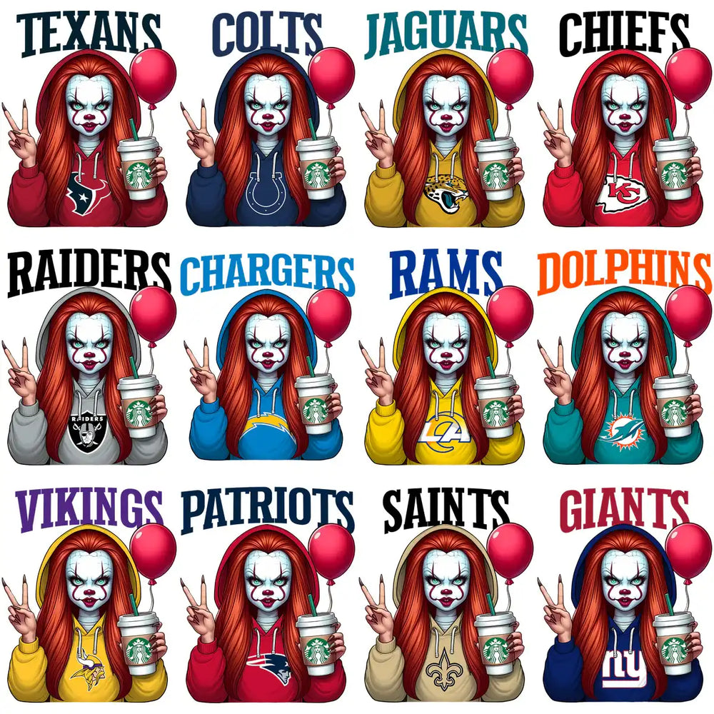 Clown girl in NFL team hoodies holding Starbucks cup and red balloon, print-ready designs