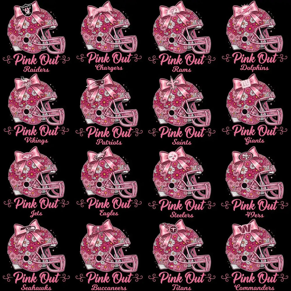 32 Pink Out Floral October Cancer Awareness Football Helmet Teams Designs Bundle PNG