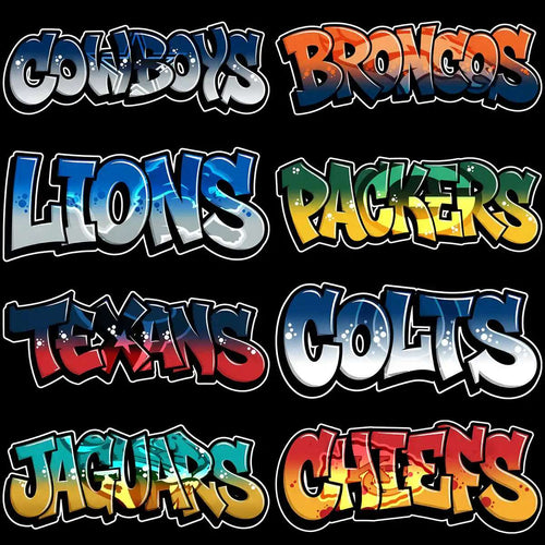 Vibrant graffiti-style NFL team logos: Cowboys, Broncos, Lions, Packers, Texans, Colts, Jaguars, Chiefs for DTF/DTG printing