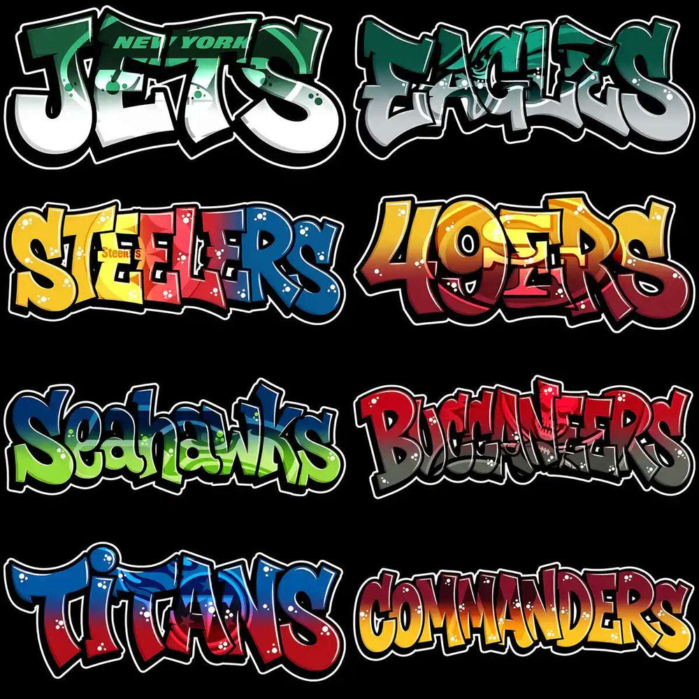 Vibrant graffiti-style NFL team logos for Jets, Eagles, Steelers, 49ers, Seahawks, Buccaneers, Titans, Commanders