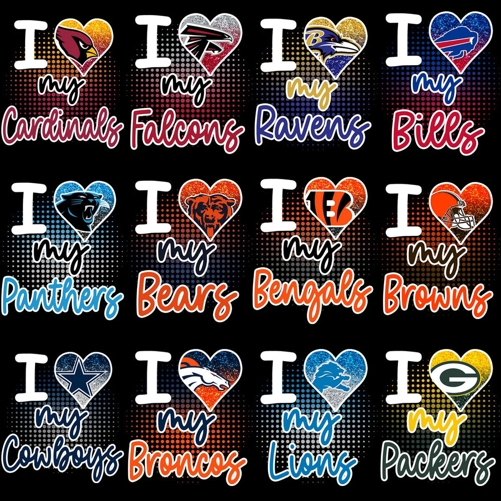 32 Pro Football "I Love My Team" Glitter Heart Designs Bundle PNG