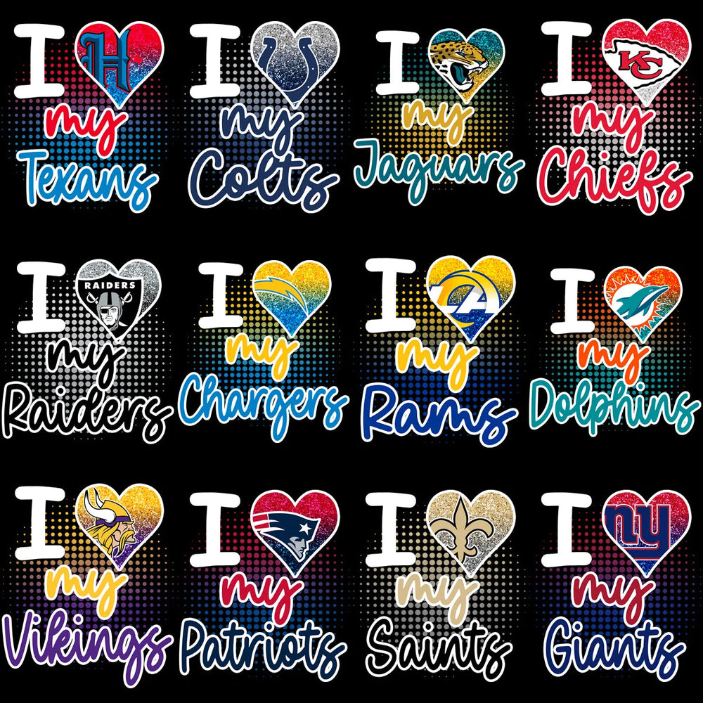 32 Pro Football "I Love My Team" Glitter Heart Designs Bundle PNG