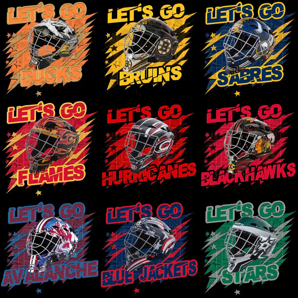 Hockey helmet designs for NHL teams with 'Let's Go' slogans, ideal for DTF/DTG and embroidery