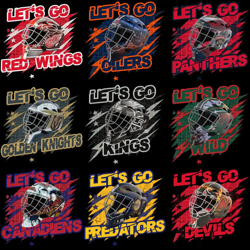 Hockey goalie helmet designs for NHL teams like Red Wings, Oilers, Panthers, and more.