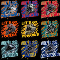 Load image into Gallery viewer, Hockey goalie mask designs for Islanders, Rangers, Senators, Flyers, Penguins, Sharks, Kraken, Blues, Lightning — print-ready DTF/DTG bundles
