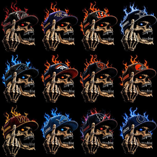 32 Skull Cap Football Teams Middle Finger Black Knockout Designs Bundle PNG