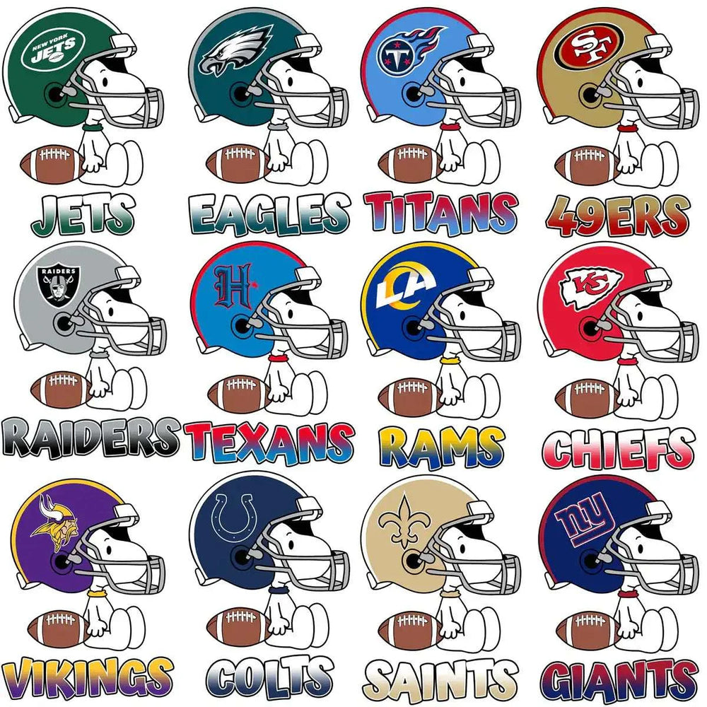 32 Snoopy Cartoon Football Helmets Teams Logos Designs Bundle PNG