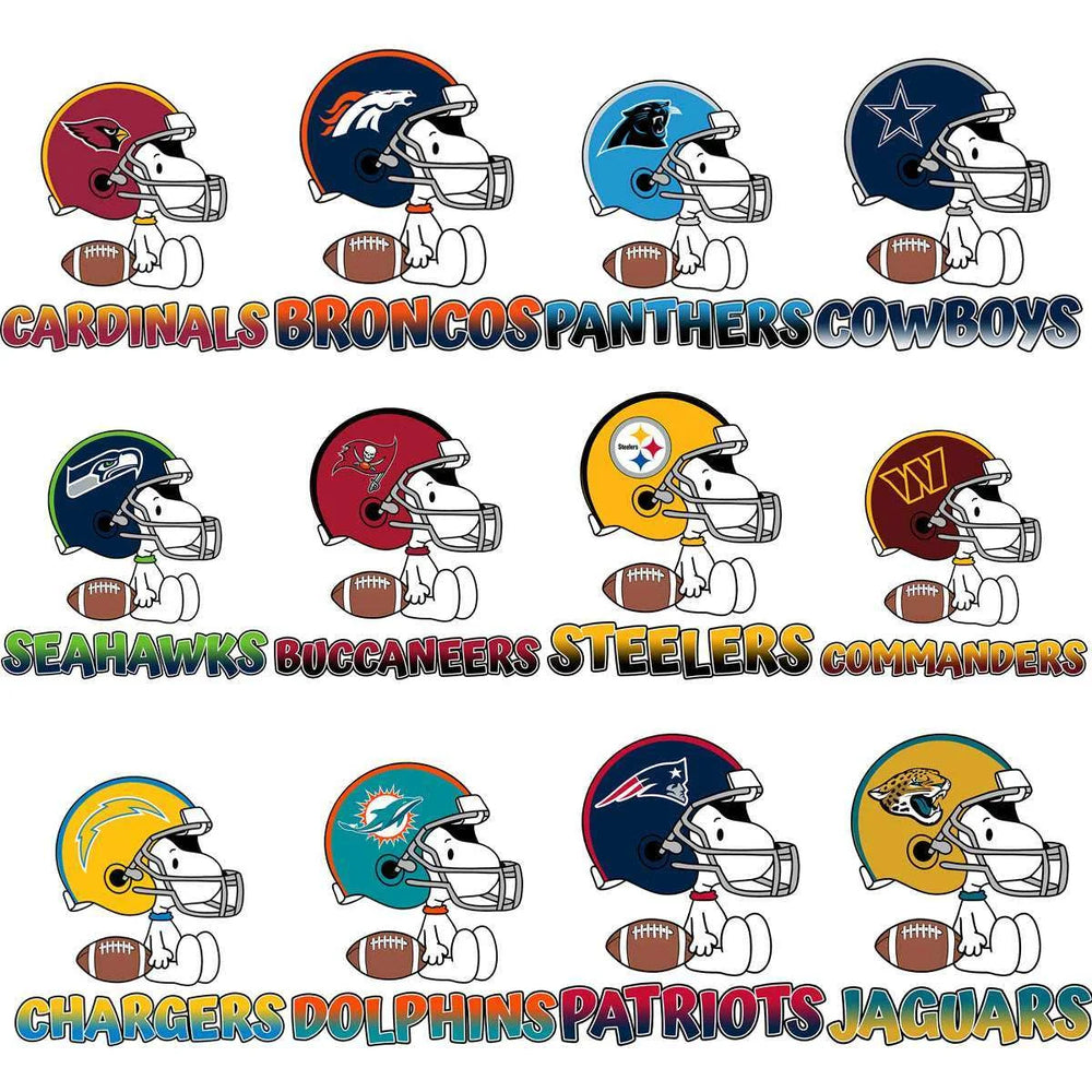 32 Snoopy Cartoon Football Helmets Teams Logos Designs Bundle PNG