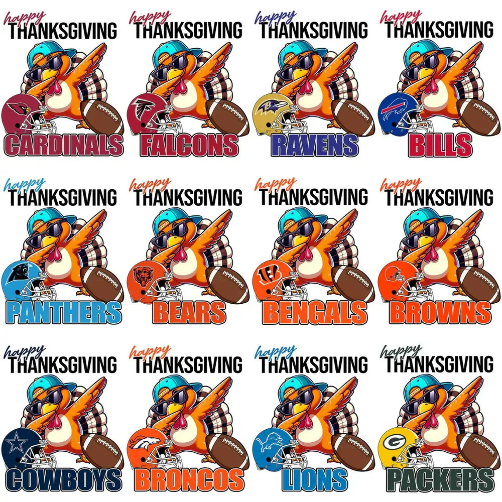 32 Thanksgiving Dabbing Turkey Football Teams Designs Bundle PNG
