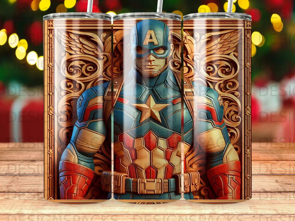 Captain America chest-up design with shield emblem on a patterned background.
