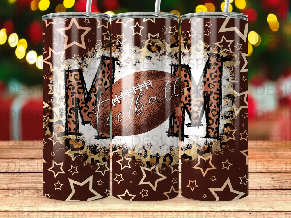 Leopard print, stars, and "MOM" text with football on a tumbler.
