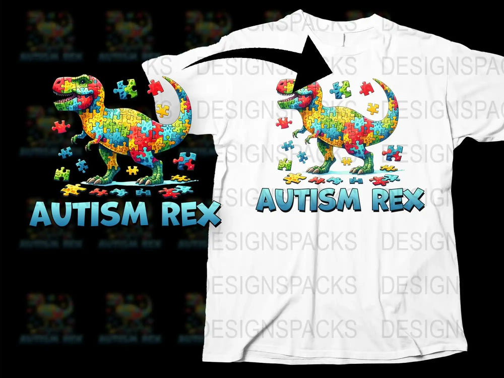 Autism Rex Puzzle Dinosaur T-Shirt, Colorful Autism Awareness Apparel, Unique Graphic Tee for Support