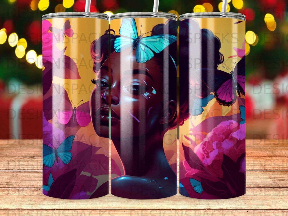 Woman with butterflies and flowers on a tumbler design.