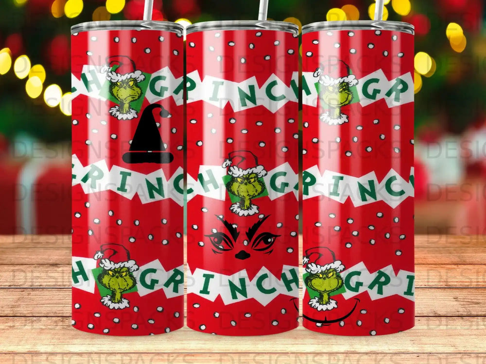 Three tumblers featuring the Grinch in various poses on a red and white dot pattern.