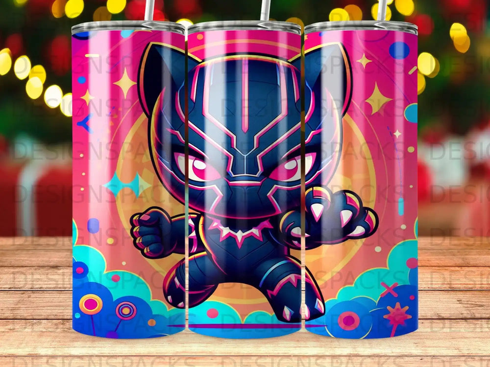 Chibi Black Panther character on a pink background with festive lights.