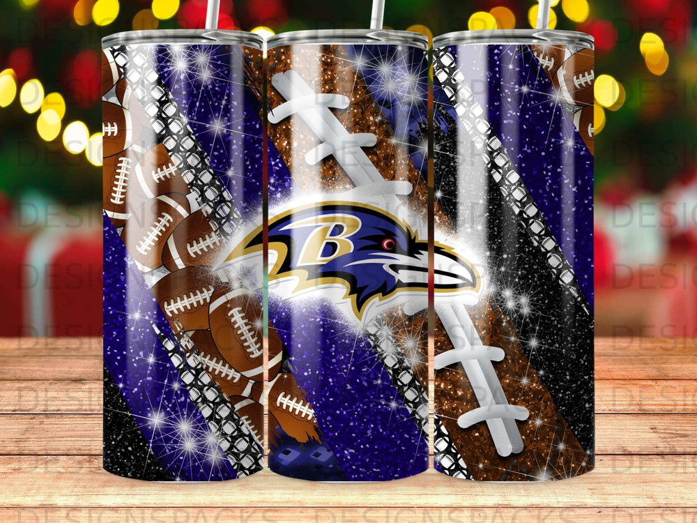 Baltimore Ravens football team logo on a glittery tumbler with football accents.