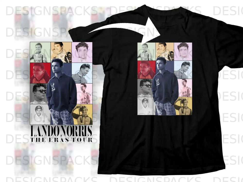 Lando Norris The Eras Tour t-shirt with collage of race car driver photos.