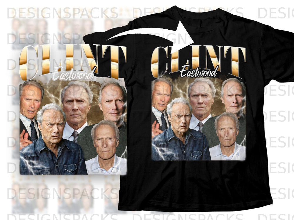 Clint Eastwood collage on a black t-shirt with lightning effects.