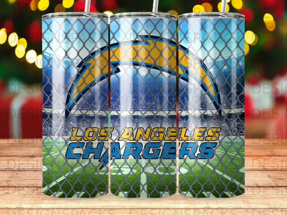 Los Angeles Chargers logo on a tumbler with a stadium background.