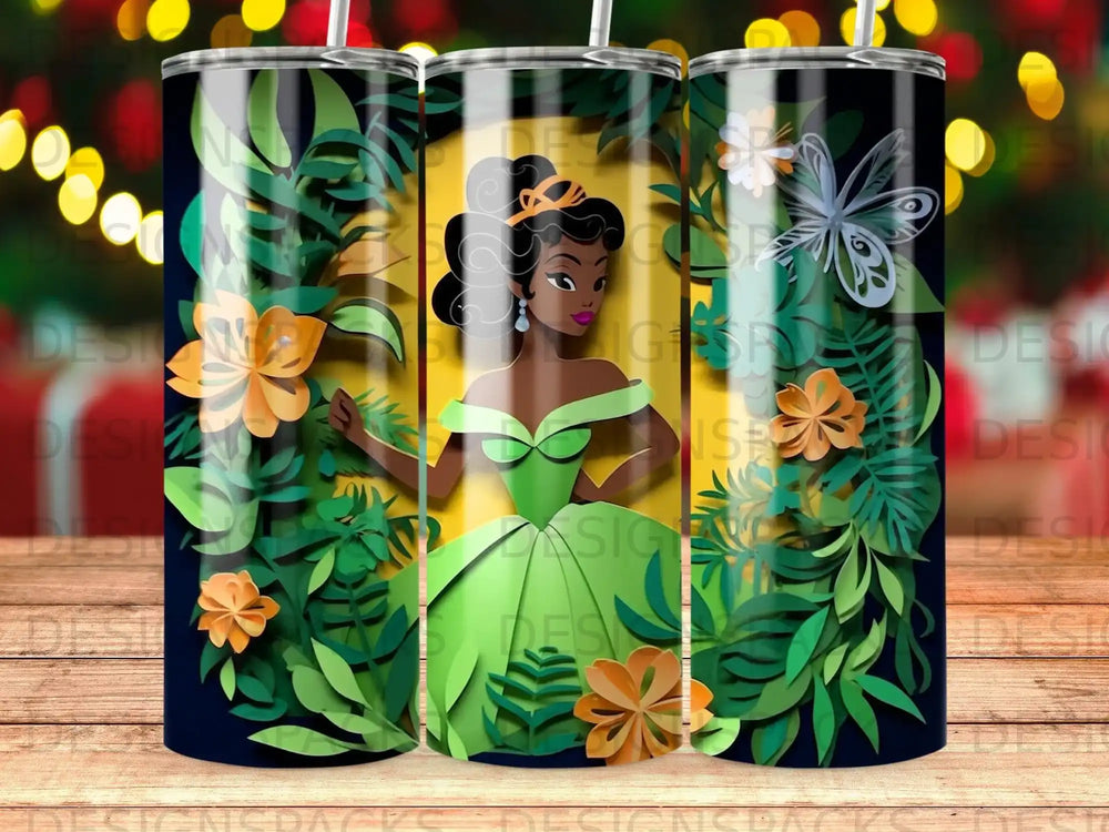 Tiana in green dress with floral and butterfly motifs.