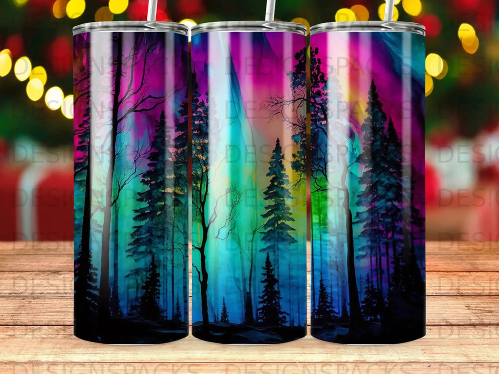 Illustration of dark pine trees against a colorful, abstract sky.