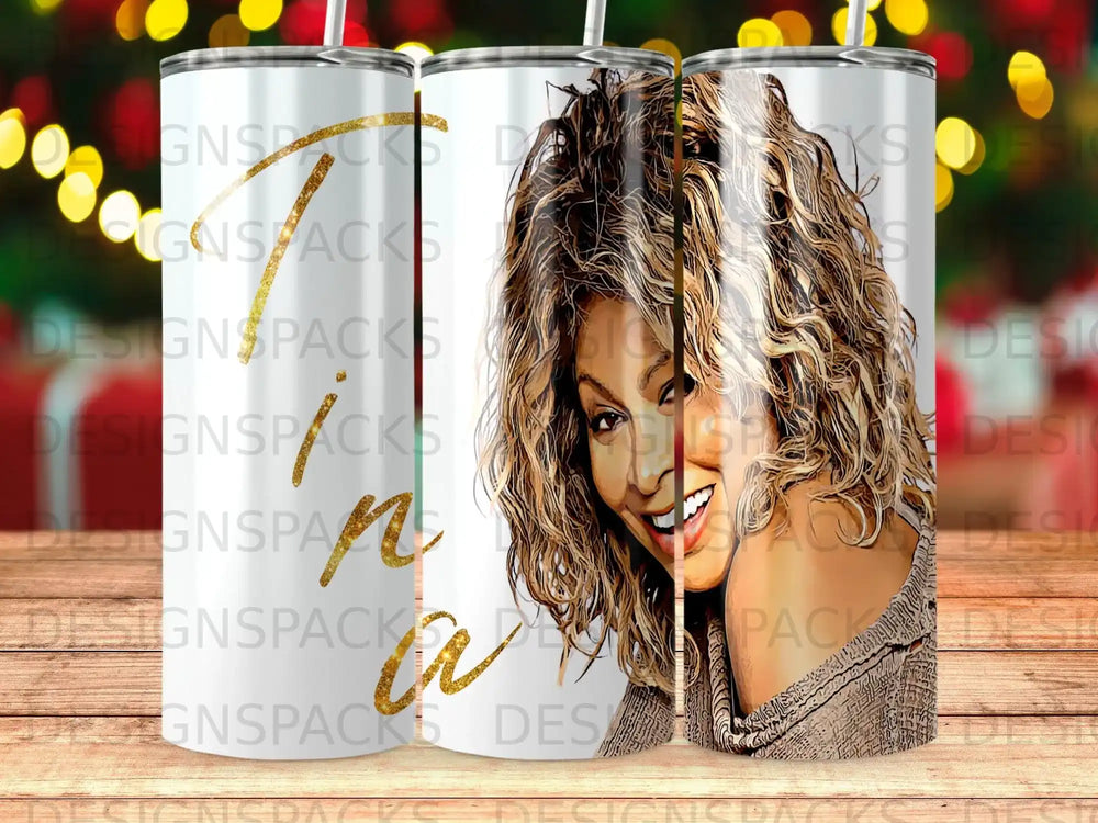 Tina Turner's portrait on a skinny tumbler with a repeating watermark.