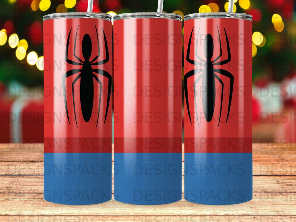 Three tumblers with spider designs and red and blue stripes.