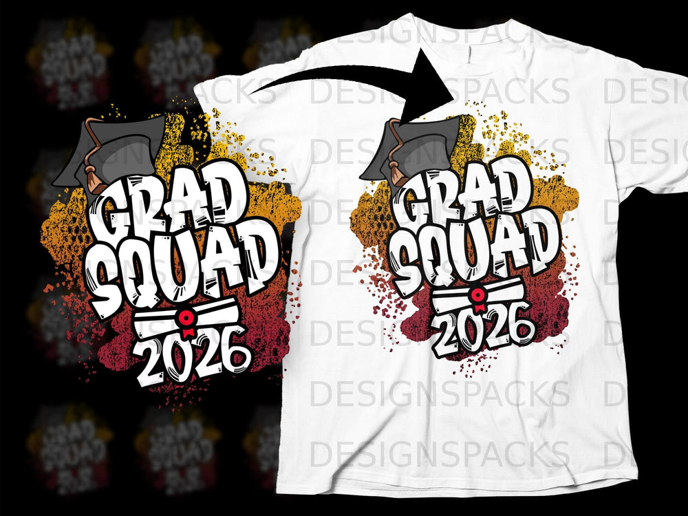White t-shirt with "GRAD SQUAD 2026" graphic featuring a graduation cap.