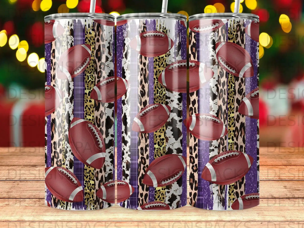 Tumbler with footballs, leopard print, and purple plaid pattern.