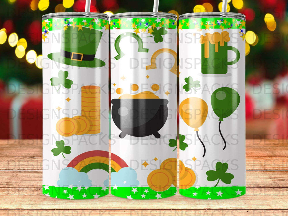 Green St. Patrick's Day tumbler with shamrocks, pots of gold, and rainbows.