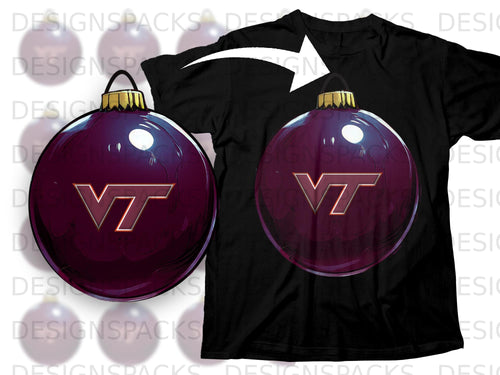 Black t-shirt with purple Virginia Tech ornament graphic.