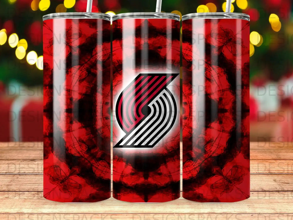 Black and red abstract pattern tumbler with the Portland Trail Blazers logo.