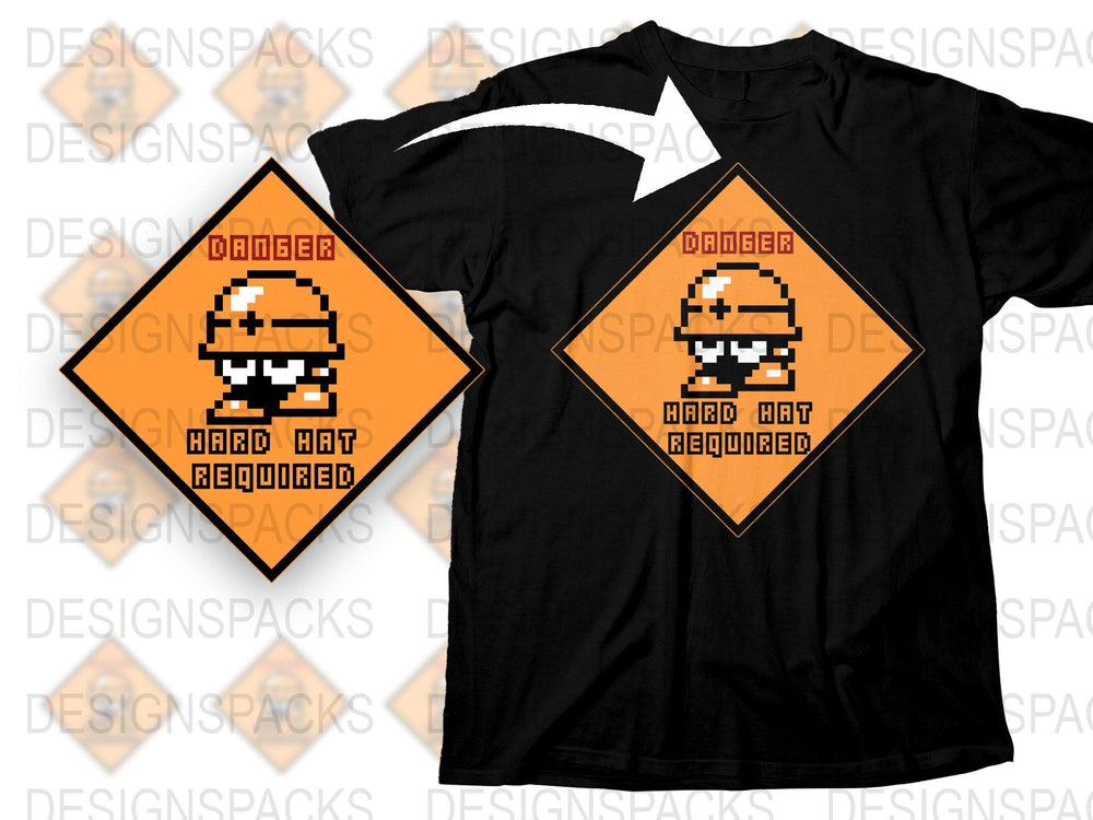 Retro Pixel Art Construction Worker T-Shirt, Orange Danger Hard Hat Required Tee