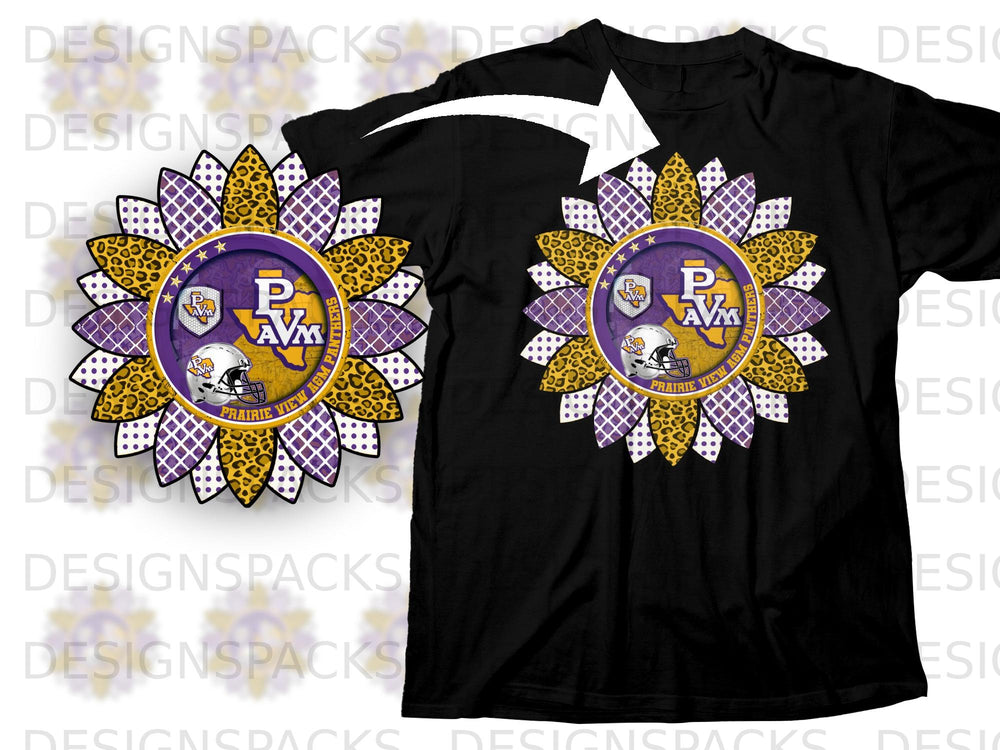 Black t-shirt featuring a sunflower design with Prairie View A&M Panthers logo and football helmet.