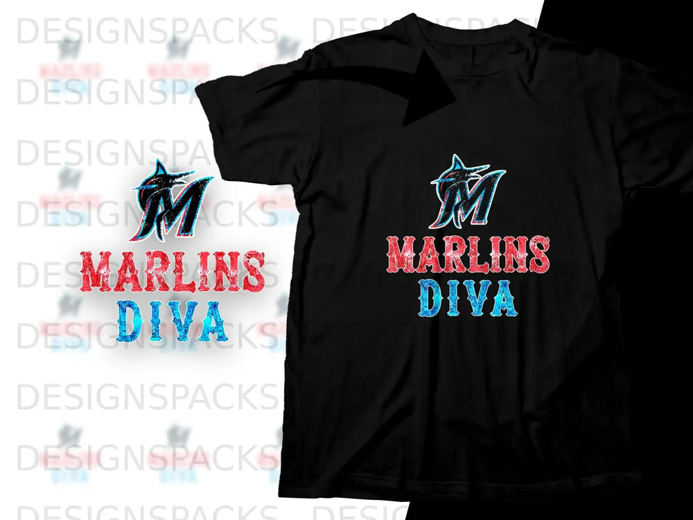 Black t-shirt with "Marlins Diva" text and a stylized 'M' logo.