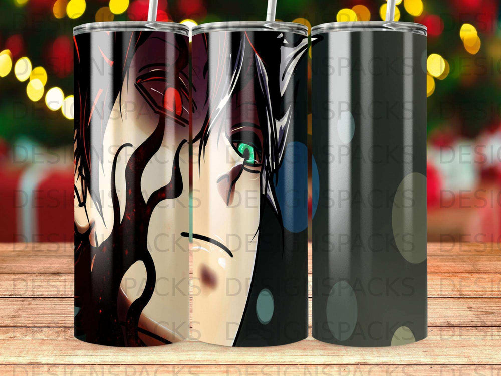 Anime character with striking red eyes and black hair on a patterned tumbler.