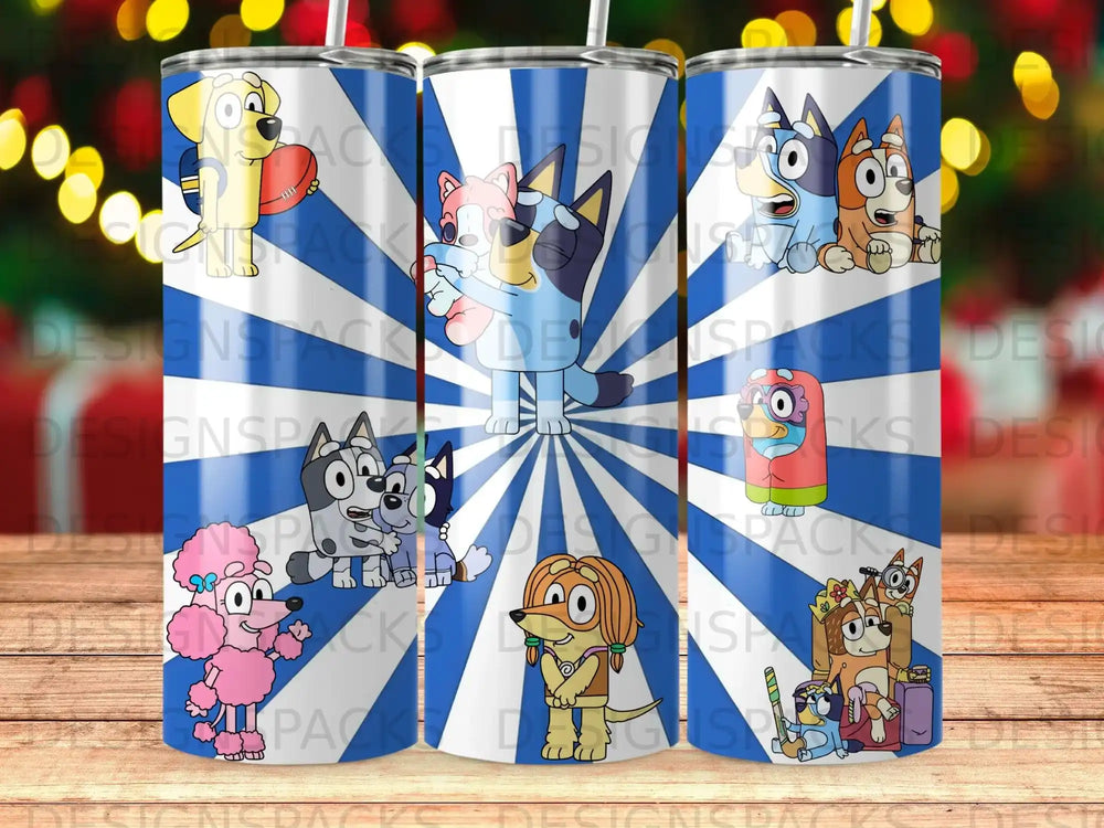Bluey characters with colorful stripes on three tumblers.
