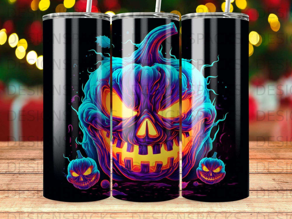 Glowing Jack-o'-lantern with eerie purple and blue smoke, two smaller pumpkins flanking.