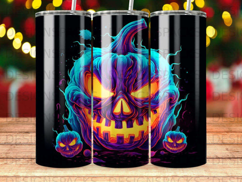 Glowing Jack-o'-lantern with eerie purple and blue smoke, two smaller pumpkins flanking.
