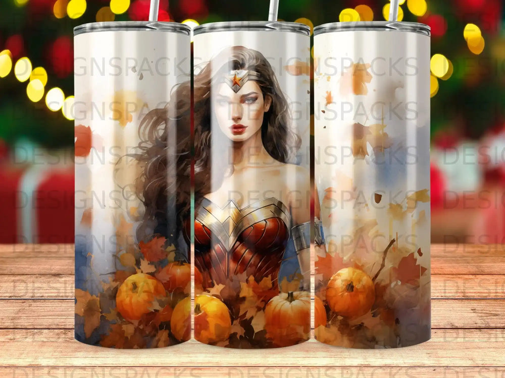Wonder Woman surrounded by pumpkins and autumn leaves.