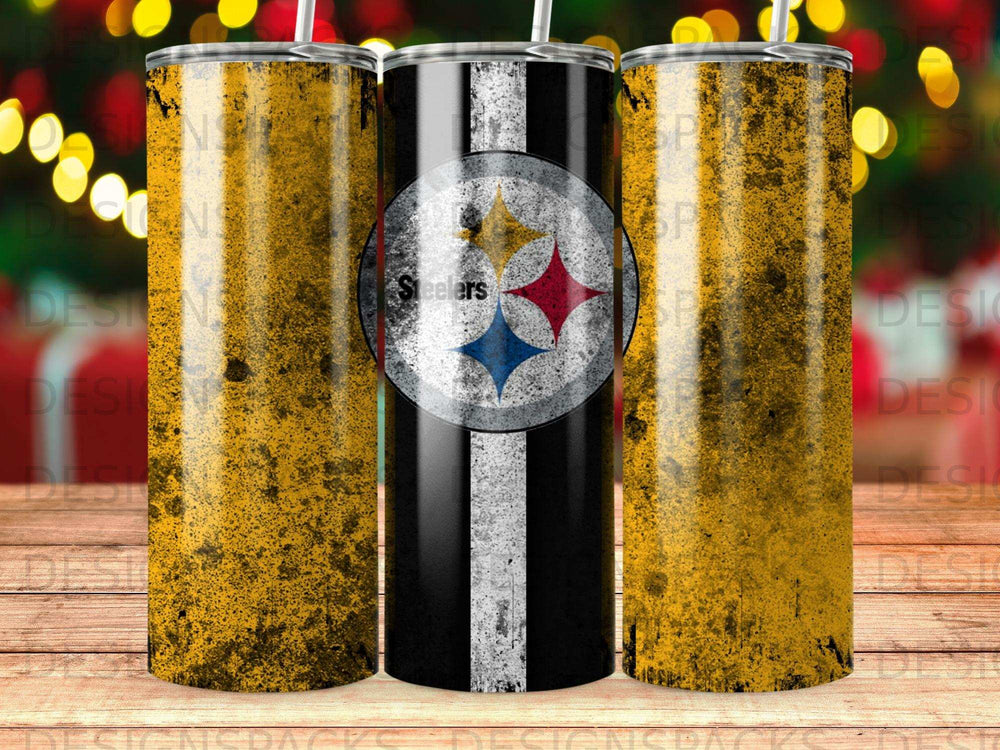 Pittsburgh Steelers logo on a black and yellow textured tumbler.
