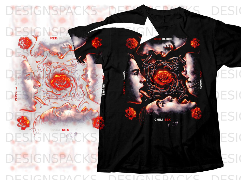 Black t-shirt with abstract faces, red roses, and "Red Hot Chili Peppers" text.