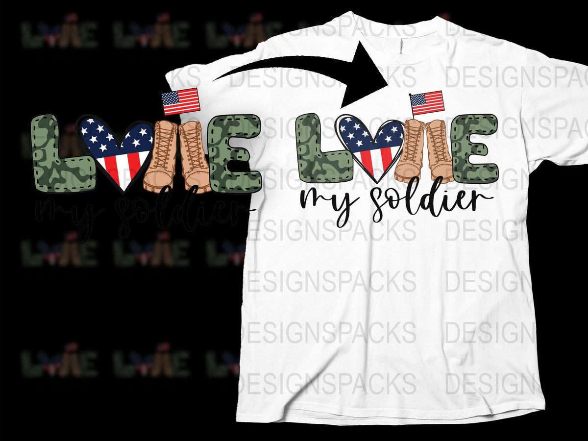 Patriotic Military T-Shirt Love My Soldier USA Flag Camo Design Men Women Casual Wear