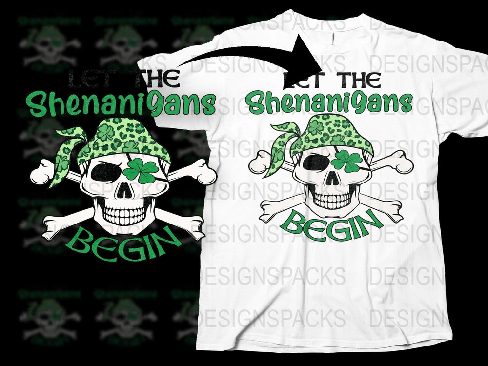 St. Patrick's Day Skull T-Shirt, Funny Shenanigans Begin Tee, Unisex Irish Festival Clothing, Graphic Skull with Clovers Shirt