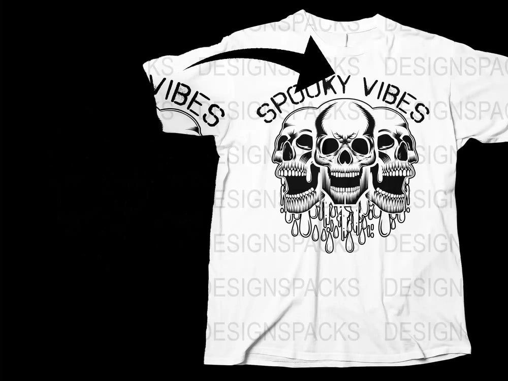 Spooky Vibes Skull T-Shirt, Gothic Skull Graphic Tee, Black and White Halloween Shirt, Unisex Horror Apparel, Gift for Horror Fans